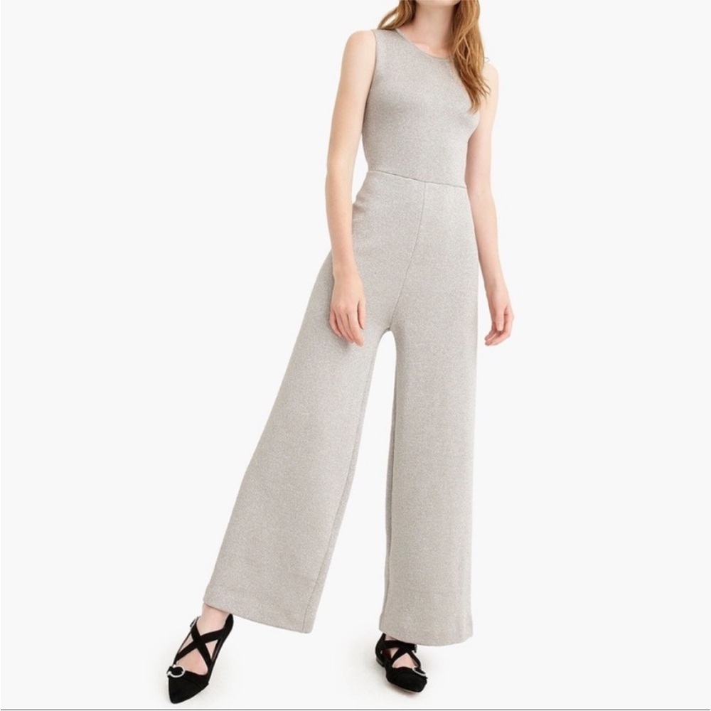 J Crew Wide Leg Jumpsuit Lurex Sm Metallic Silver Lined Stretch NYE Party Dressy - Picture 12 of 17